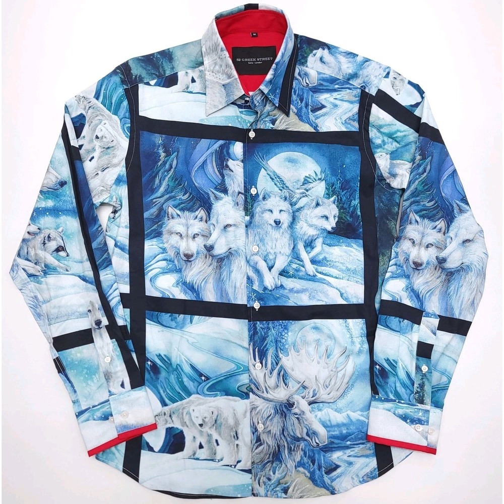 52‎ Greek Street Shirt Mens M Blue Wolf Owl Animal Soho London